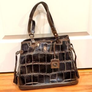 Dooney &Bourke GUC Black Animal Print With Brown Leather Trim Shoulder Purse Bag